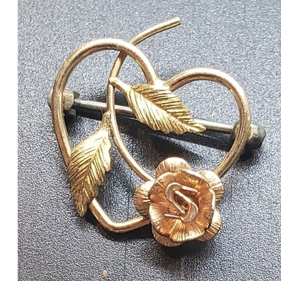 Vintage Krementz Rose Flower Brooch Gold Filled Heart Leaf Small USA Signed - Picture 2 of 7